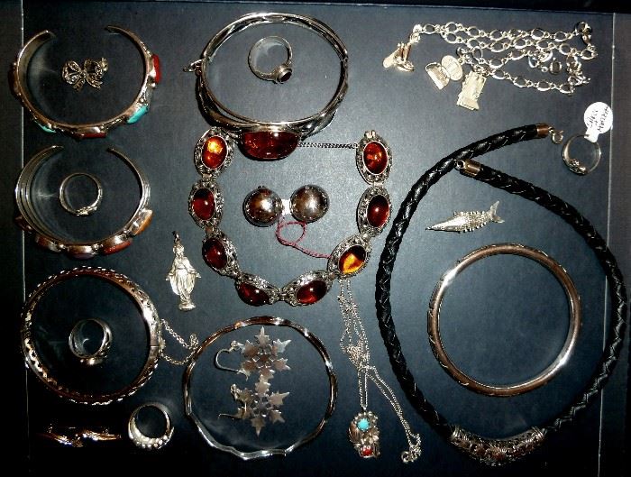 Sterling silver jewelry, amber, turquoise, etc.