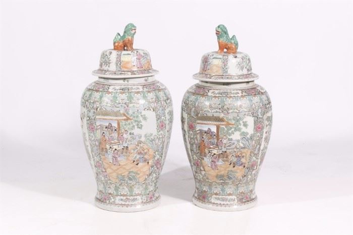 Pair of Large Lidded Medallion Vases