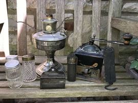 Aladdin Lamp, Enamel Coffe Grinder  Primitives
