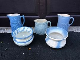 Blue & White Stoneware Pitchers & Spitoons