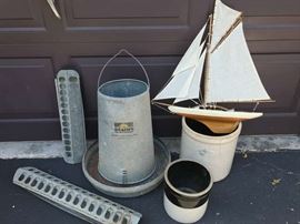 Crocks, Sailboat Model and Steel Feeders