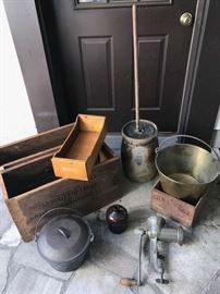 Primitives including Butter Churn, Wooden Boxes  & metalware