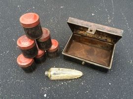 Tin Spice Containers &  Glass Corn Flask
