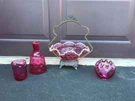 Victorian Bridesmaid Basket  & Fenton Cranberry Pieces