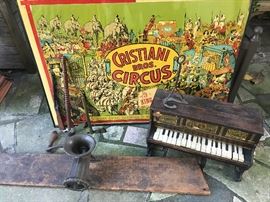 Early Circus poster, wooden Schoenhut piano & primitives