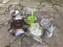 Carnival, Vaseline & other glass pieces.  Silver teapot & beer stein
