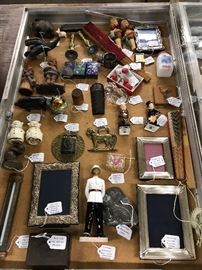 Sterling silver frames, Shawnee pig salt & pepper shakers, Anri & Royal Doulton figurines