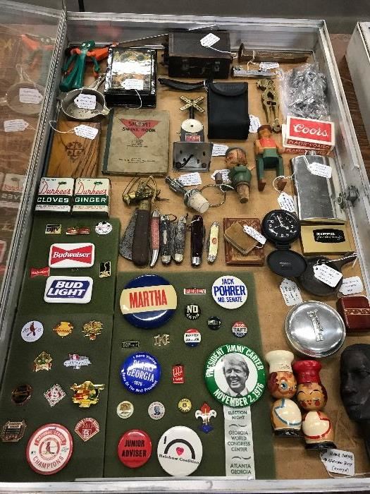 Political & advertising buttons, pocketknives, tins, old toys & misc