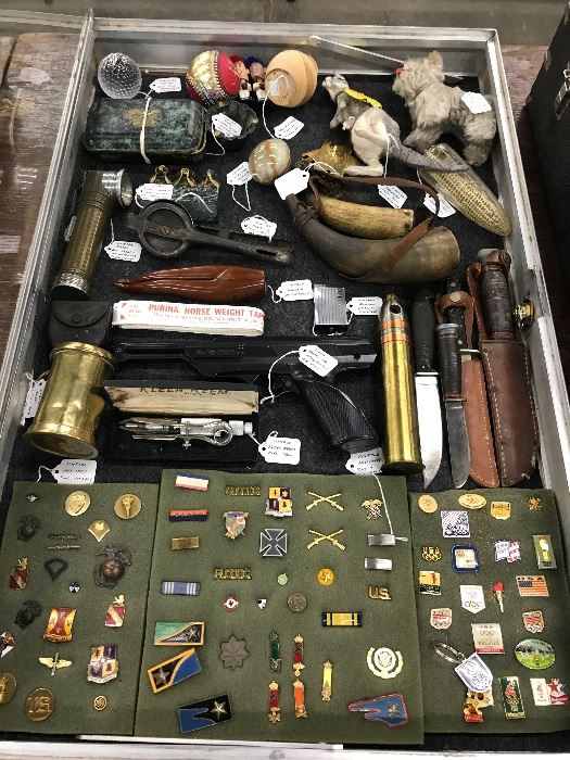 Old military and Olympic pins, knives, flasks, old toys 