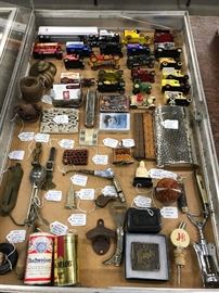 Matchbox and other cars, Anheuser-Busch collectibles, Barwar, flask, folding rulers