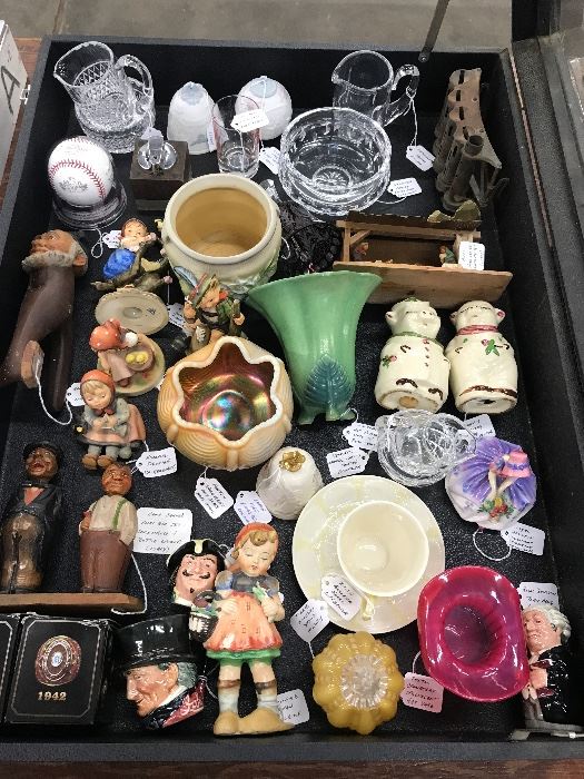 Carnival glass, Roseville & other art pottery, Fenton cranberry glass, Royal Doulton Toby mugs, Anri carvings and Hummel figurines