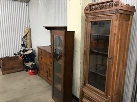 Walnut Victorian narrow bookcase, tall painted wooden chimney cabinet, Early oak schoolhouse hanging cabinet