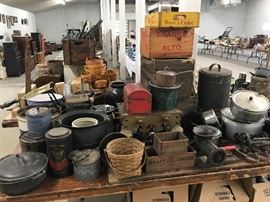 Griswold cast iron pieces, Longaberger baskets, wooden boxes, graniteware, crocks and primitives
