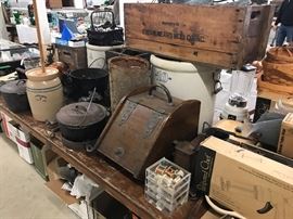 English coal bucket, cast iron Dutch oven, stoneware churn, redwing & other crocks, pampered chef pieces