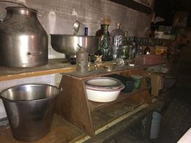 Milk  pails, glassware, enamel ware