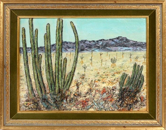 336  V. LINDELL (AMER. EARLY 20TH C), OIL ON CANVAS BOARD, H 12", W 16", "A BIT OF ARIZONA"