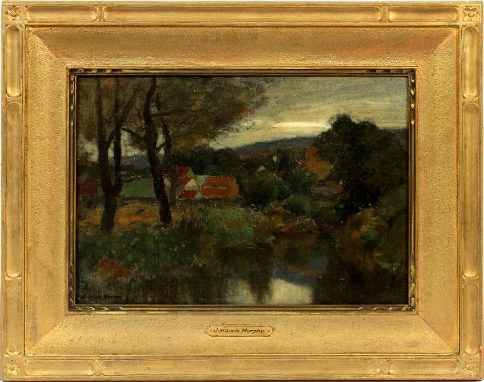 2029  JOHN FRANCIS MURPHY (AMERICAN, 1853-1921), OIL ON CANVAS, H 11 1/4", W 16 3/4" LANDSCAPE WITH STREAM & BARNS