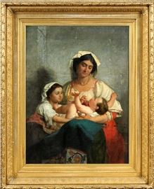 2031  EDWARD HARRISON MAY (BRITISH, 1824-1887), OIL ON CANVAS, MOTHER AND CHILDREN, 1864, H 52", W 40"