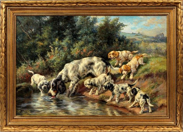 2030  EDMUND OSTHAUS (AMERICAN, 1858-1928), OIL ON CANVAS H 20" W 30" POINTER AND SIX PUPPIES