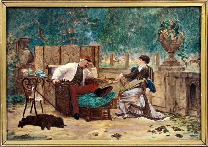 2037  LOUIS AUGUSTE GEORGES LOUSTAUNAU (FRENCH, 1846-1898), WATERCOLOR, H 12", W 17", "DOMESTIC COMFORTS"