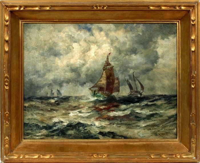 2042  ROBERT B. HOPKIN (AMERICAN, 1832-1902) OIL ON CANVAS, H 18", W 24", SEASCAPE