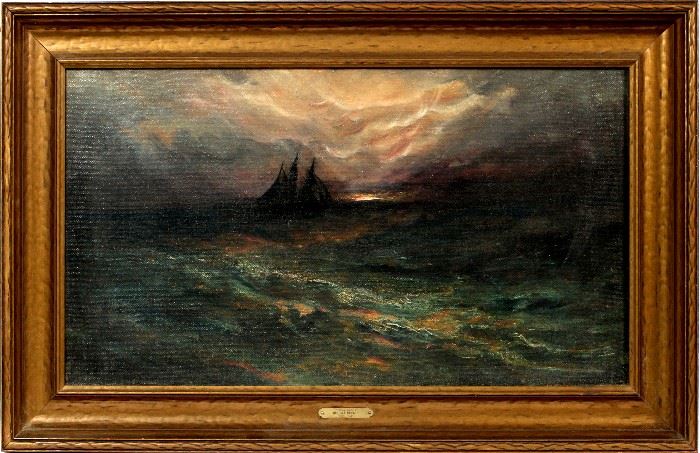 2043  ROBERT B. HOPKIN (AMERICAN, 1832-1909), OIL ON CANVAS, H 24", L 36", 'STORMY SUNSET'