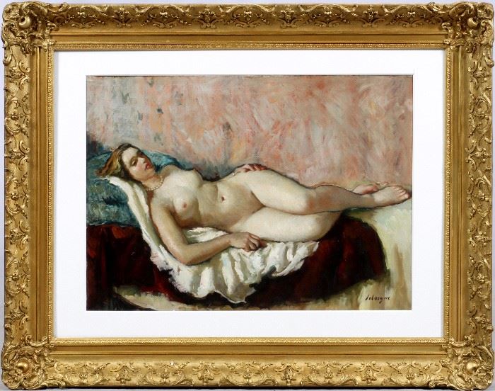 2102  LEBASQUE (FRENCH, 1865-1937), OIL ON CANVAS, CANVAS SIZE: H 29", W 39", RECLINING FEMALE NUDE