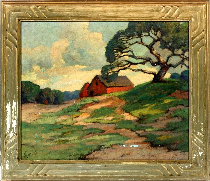 2133  GEORGE JENSEN (AMERICAN, 1878-1977), OIL ON CANVAS, 1935, H 19'', W 23'', BARN ON A HILL