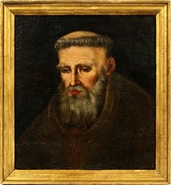 2150  SPANISH SCHOOL, OIL ON CANVAS, LATE 19TH C., H 19", L 17", PORTRAIT OF A RELIGIOUS FIGURE