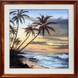 2235  LARRY DOTSON (AMERICAN, 20TH C.), OIL ON CANVAS, H 33", W 33", "LANAI SUNSET"