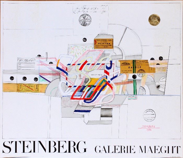 2005  SAUL STEINBERG (US, 1914-1999), COLOR LITHOGRAPH POSTER, GOLD EMBOSSING, 1970, PAPER SIZE: H 24 1/4", W 29 1/4", "VIA AIRMAIL"