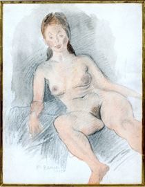 2009  RAPHAEL SOYER (AMERICAN, 1899-1987), WATERCOLOR & GRAPHITE, C. 1958, SIGHT: H 20" W 15 1/2", RECLINING NUDE FEMALE