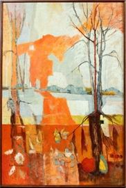 2136  REVA SHWAYDER (AMERICAN, 1902-1993), OIL ON MASONITE, H 49", W 33", URBAN FALL LANDSCAPE