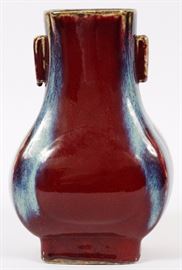 140  CHINESE, DOUBLE HANDLED VASE, OXBLOOD GROUND, H 11'', W 7''