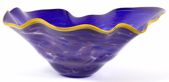 1069  CHIHULY STYLE ART GLASS BOWL, H 8", DIA 19"