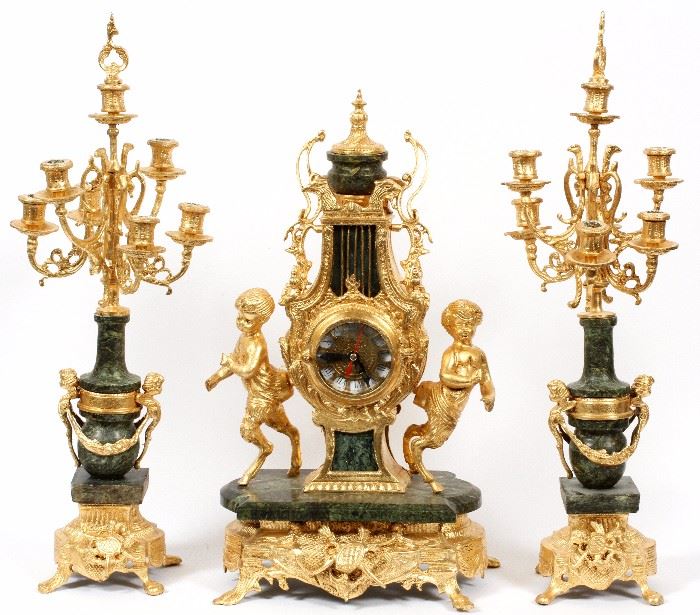 24  FRENCH STYLE MARBLE & GILT METAL CLOCK SET, 21ST C., 3 PIECES H 22" & 25 1/2", W 13 1/4" (CLOCK)