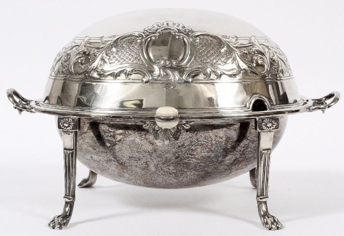 71  ENGLISH EMPIRE STYLE, SILVER PLATE BISCUIT WARMER, C. 1900, H 8", W 12"
