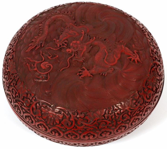 160  CHINESE CINNABAR, RED LACQUER CARVED BOX, H 5 1/2'', W 10 1/2''