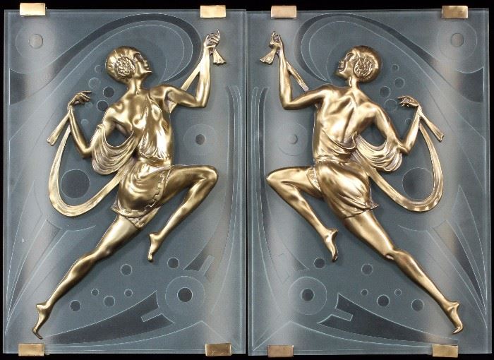 1046  ART DECO STYLE FROSTED GLASS FIGURAL SCONCES, PAIR, H 22"