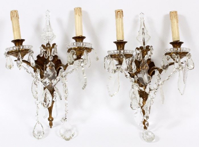 1117  TWO-LIGHT BRONZE AND CRYSTAL SCONCES, PAIR, H 16", L 12"