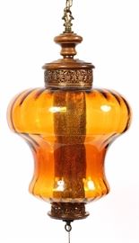 1123  AMBER BLOWN GLASS, BRASS AND WOOD HANGING LAMP, H 24"