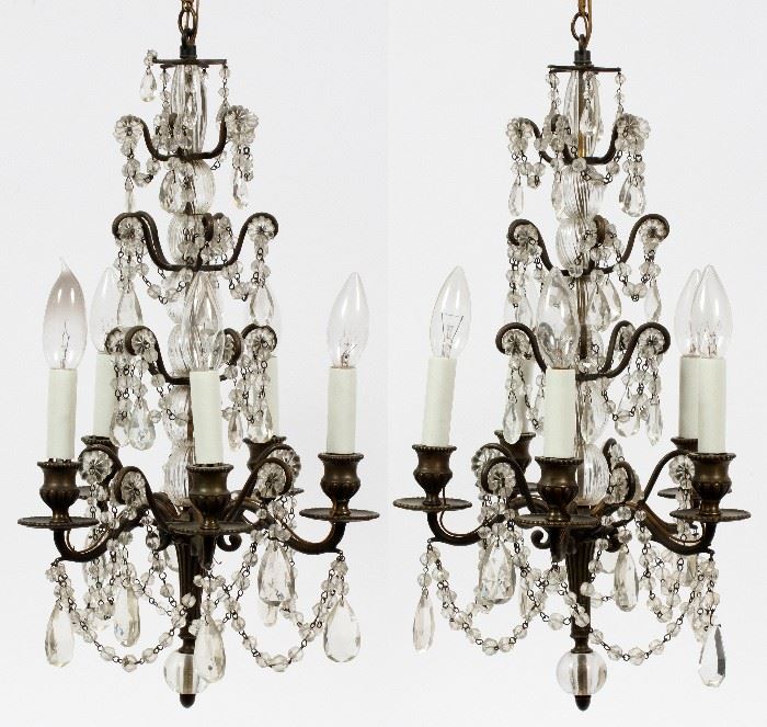 1116  LOUIS XV-STYLE BRONZE & CRYSTAL WALL SCONCES, PAIR, H 30", DIA 10"
