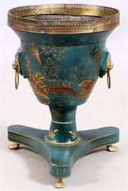 1146  TOLE AND BRASS PEDESTAL CHINOISERIE PLANTER, H 17", W 13"