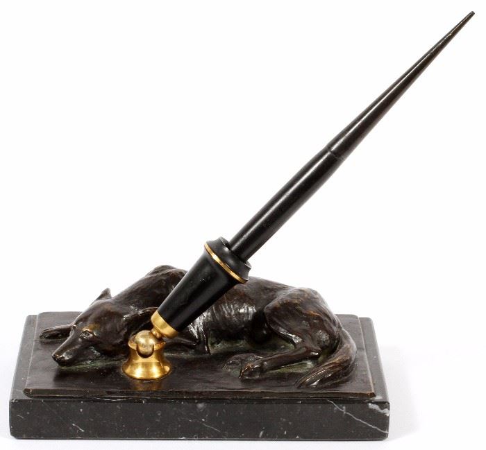 1166  BRONZE AND MARBLE FIGURAL PEN STAND, H 3 1/8", W 6 1/2", RETAILED BY TIFFANY