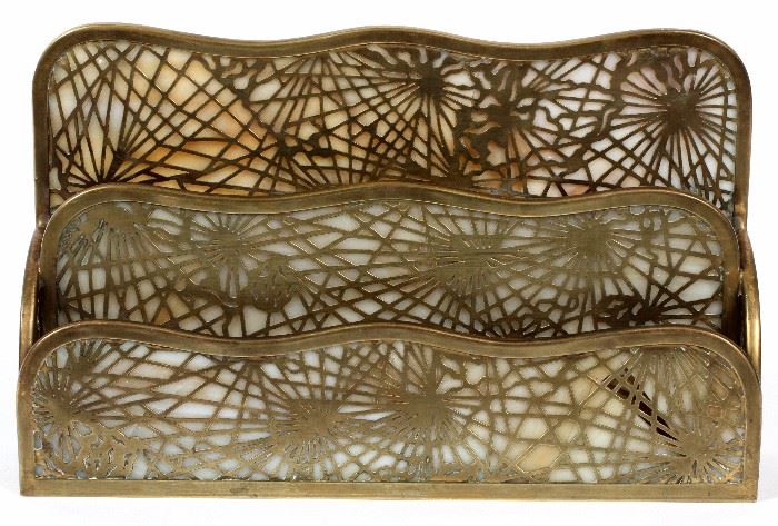 1162  TIFFANY STUDIOS 'PINE-NEEDLE' BRONZE AND GLASS LETTER RACK, H 6", W 10"