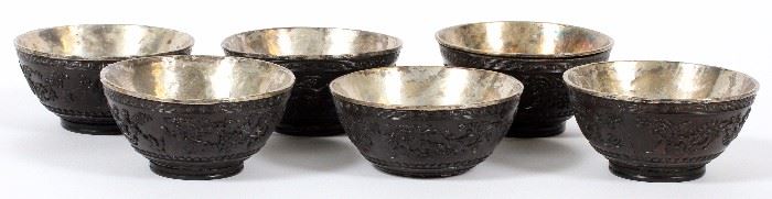 1318  CHINESE SILVER AND WOOD RICE BOWLS 18TH C. SET OF SIX, H 2.5" DIA 5"