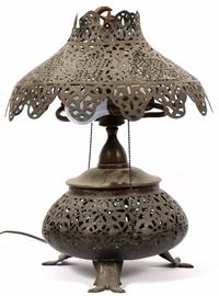 1275  INDIAN, PIERCED BRASS TABLE LAMP, C. 1920, H 18" DIA 14"