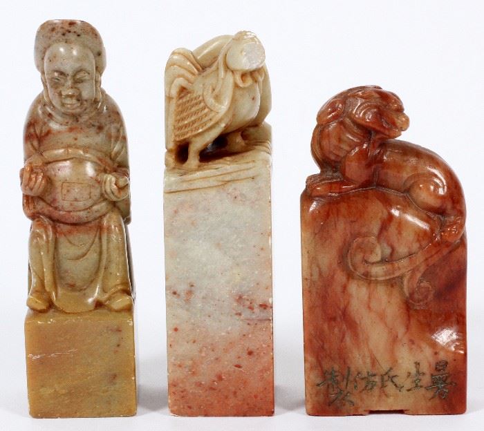 1325  THREE CHINESE CARVED HARDSTONE SEALS, H 3"-3 1/2"