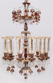 2215  BACCARAT, TWELVE-LIGHT RUBY AND ENAMEL GLASS CHANDELIER, 19TH C. H 48", DIA 30"