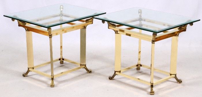 100  CONTEMPORARY BRASS FINISH AND GLASS END TABLES, PAIR, H 22", W 24", L 24"